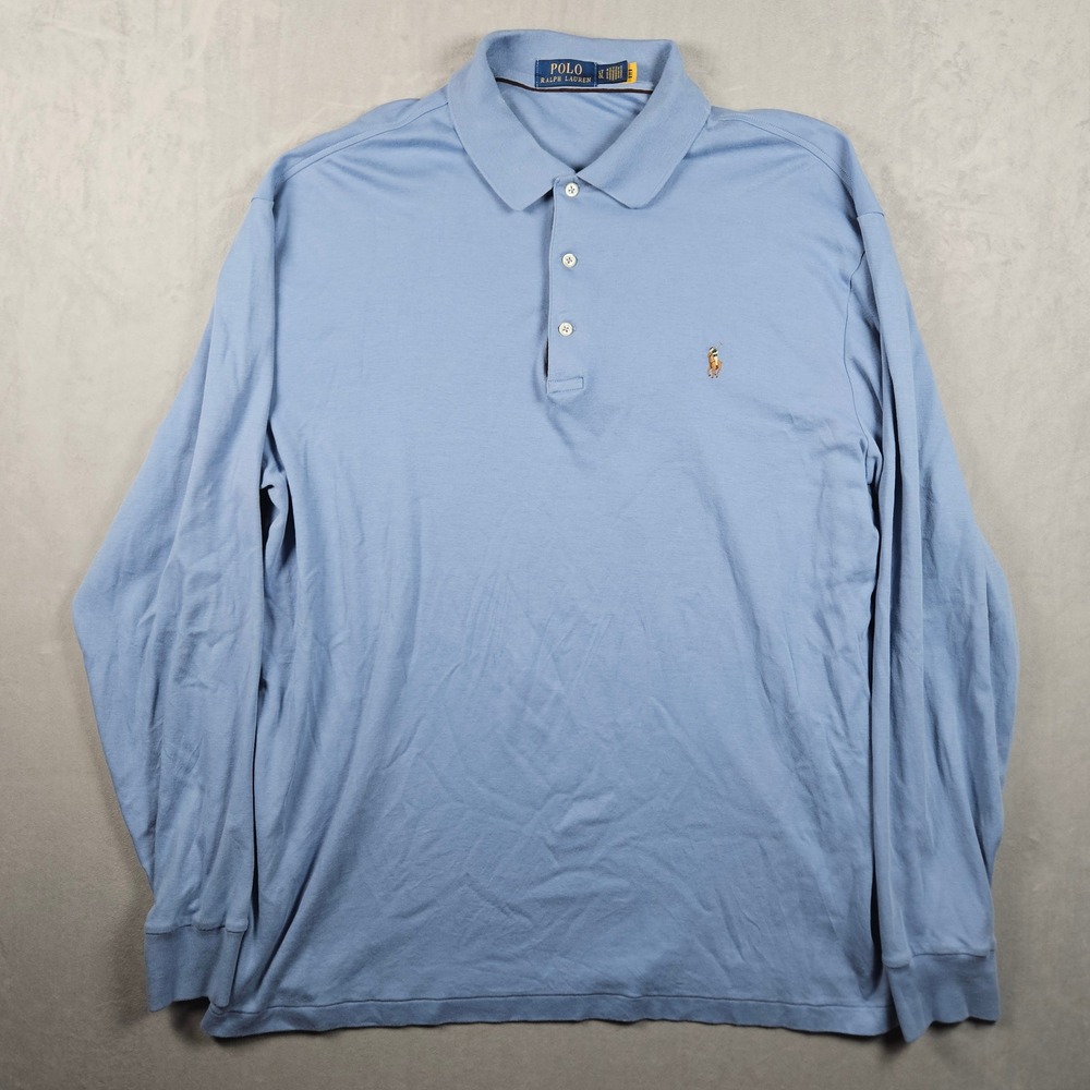 Polo Ralph Lauren Polo Shirt Mens LT Blue Long Sleeve Cotton Flesh Pony Logo